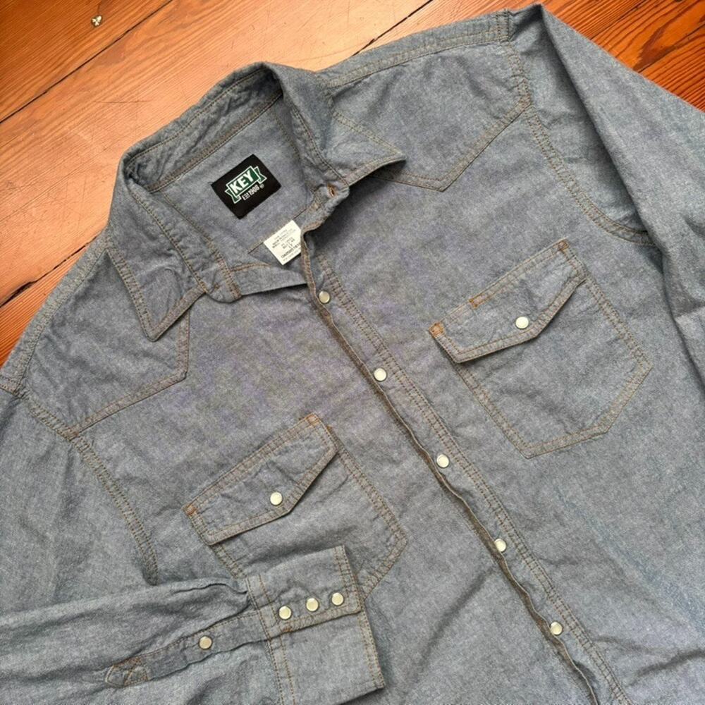 Key Shirt Men's Size L Tall LT Blue Denim Pearl Snap Western Button Up Workwear